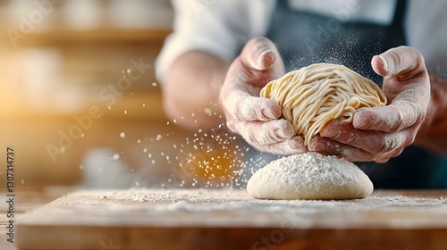 Skilled hands carefully shaping and stretching homemade noodles in a cozy atmospheric kitchen scene showcasing the traditional culinary craft and process