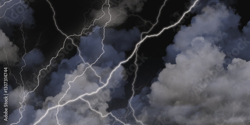 Lightning strikes in sky. Strong thunder storm in black clouds. Fork lightning striking down during summer storm. Marble texture, decorative dark stone. Blue neon.


