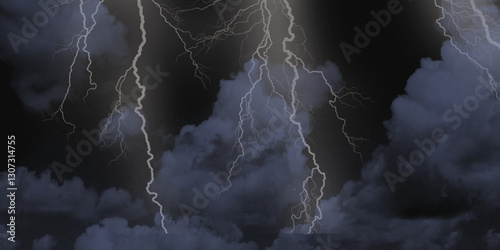 Lightning strikes in sky. Strong thunder storm in black clouds. Fork lightning striking down during summer storm. Marble texture, decorative dark stone. Blue neon.


