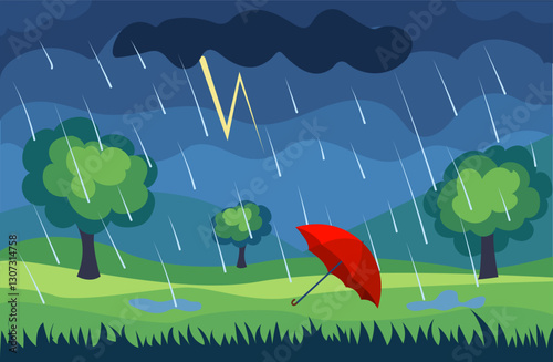 Vector illustration of a red umbrella in a stormy landscape with rain and lightning