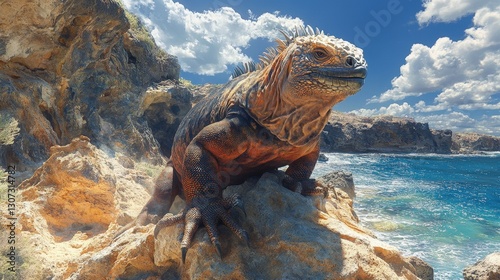 A striking marine iguana lounges on a sun-kissed rocky shoreline, head tilted elegantly left, eyes gazing outward. Its rough skin blends with the natural tones of the sea and stone photo