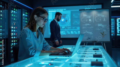 Woman working on laptop in server room