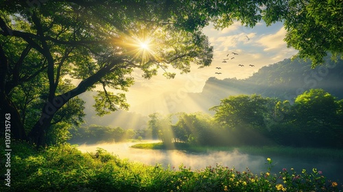 hyper detailed, FHD, raw photo, ultra realistic photo. A serene landscape offering a sense of deep calm and healing, featuring a misty, green forest 