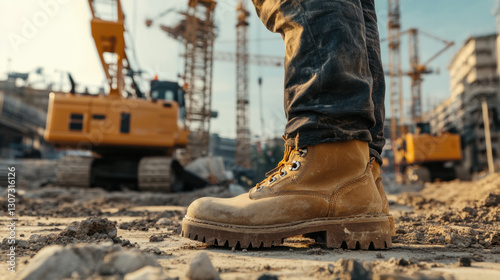 Worker wears durable boots on a construction site, surrounded by heavy machinery and unfinished structures under clear skies