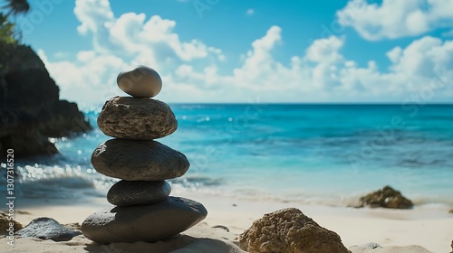 A stack of balanced smooth stones is near the ocean shore