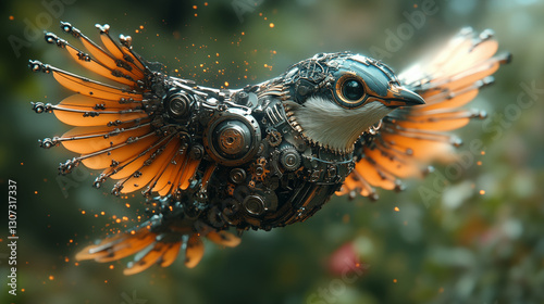 Mechanical bird with orange wings flying in motion against blurred green background. Robotic animal combining technology and nature for futuristic concept of artificial intelligence and biomimicry