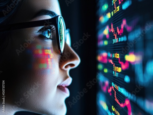 A woman with glasses gazes intently at colorful data visualizations on a screen, symbolizing analytics and technology.