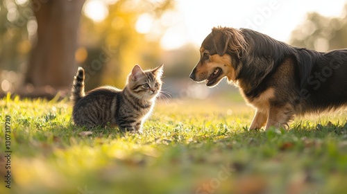 A playful kitten gazes off-camera amidst a lush, green meadow bathed in sunlight, inviting curiosity and warmth photo