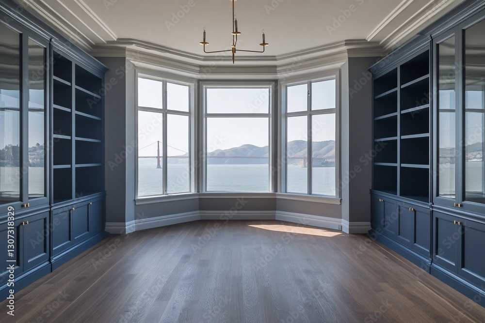 Fototapeta premium Sunlit bay view from a library with built-in bookshelves and hardwood floors.