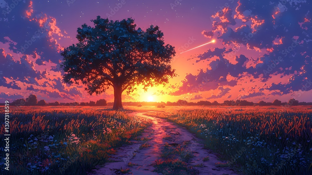 A scenic rural landscape with a large tree and sunset A scenic rural landscape with a large tree and sunset