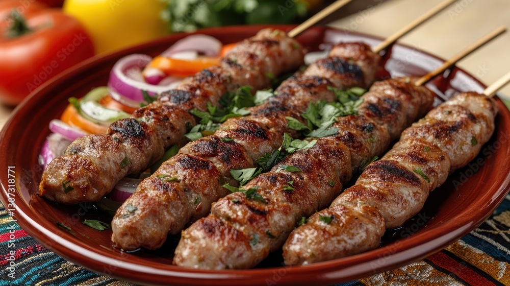 Grilled lamb skewers with fresh onion and parsley salad. Grilled lamb skewers with fresh onion and parsley salad.
