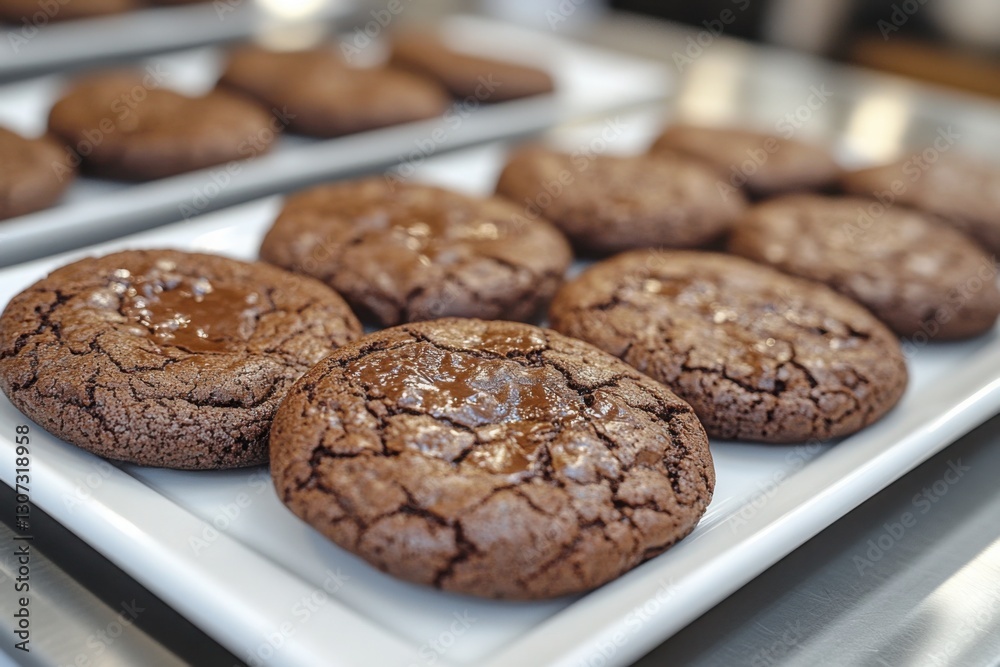 Delicious chocolate cookies with molten centers on a white tray fresh from the oven Enjoy these tempting homemade treats! Delicious chocolate cookies with molten centers on a white tray fresh from the oven Enjoy these tempting homemade treats!