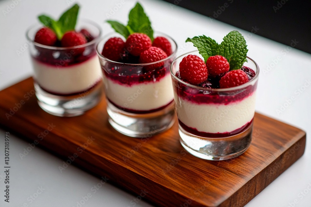 Three elegant glass cups are filled with a creamy dessert, topped with vibrant raspberries and mint leaves, beautifully displayed on a wooden board Three elegant glass cups are filled with a creamy dessert, topped with vibrant raspberries and mint leaves, beautifully displayed on a wooden board
