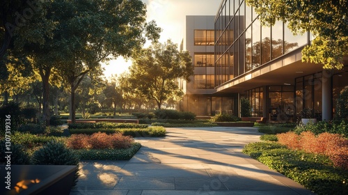 A modern building surrounded by lush greenery and vibrant flowers, illuminated by the soft glow of sunset, creating a serene atmosphere.