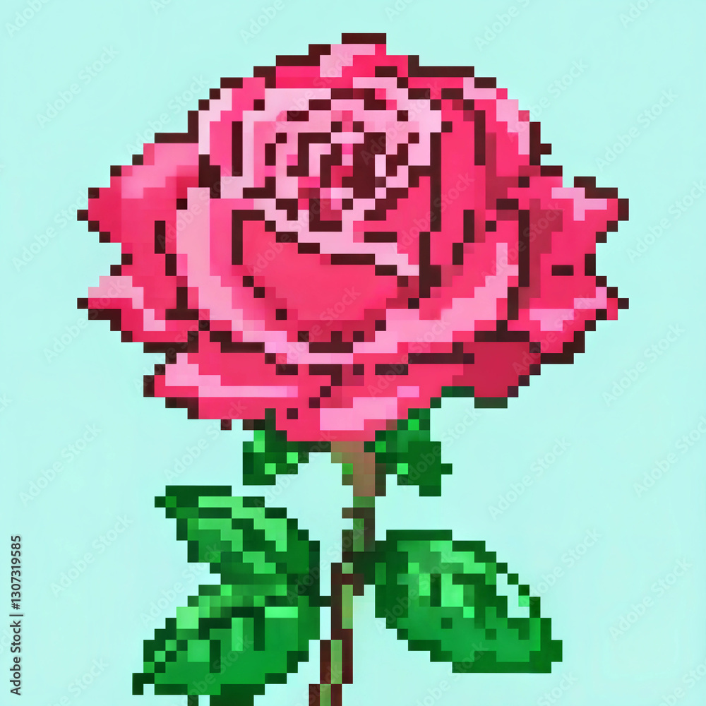 Fototapeta premium Pixel art rose flower with soft pink petals on a light blue background for cross stitch pattern