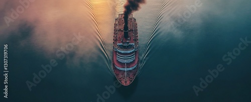 Aerial view of a vintage steamship sailing on dark water, leaving a wake.