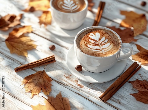 Two cups of cappuccino with latte art, cinnamon sticks, and autumn leaves on a white wooden table.
