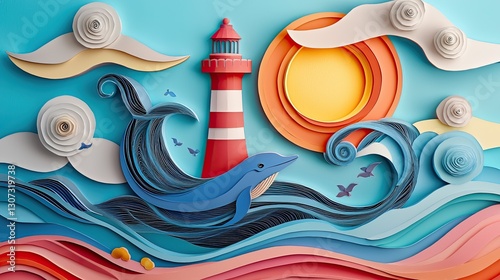 lighthouse, swimming whale, paper cut craft, 3d paper illustration, quilling, realistic, colorful, very detailed, 8k, full size, +distance