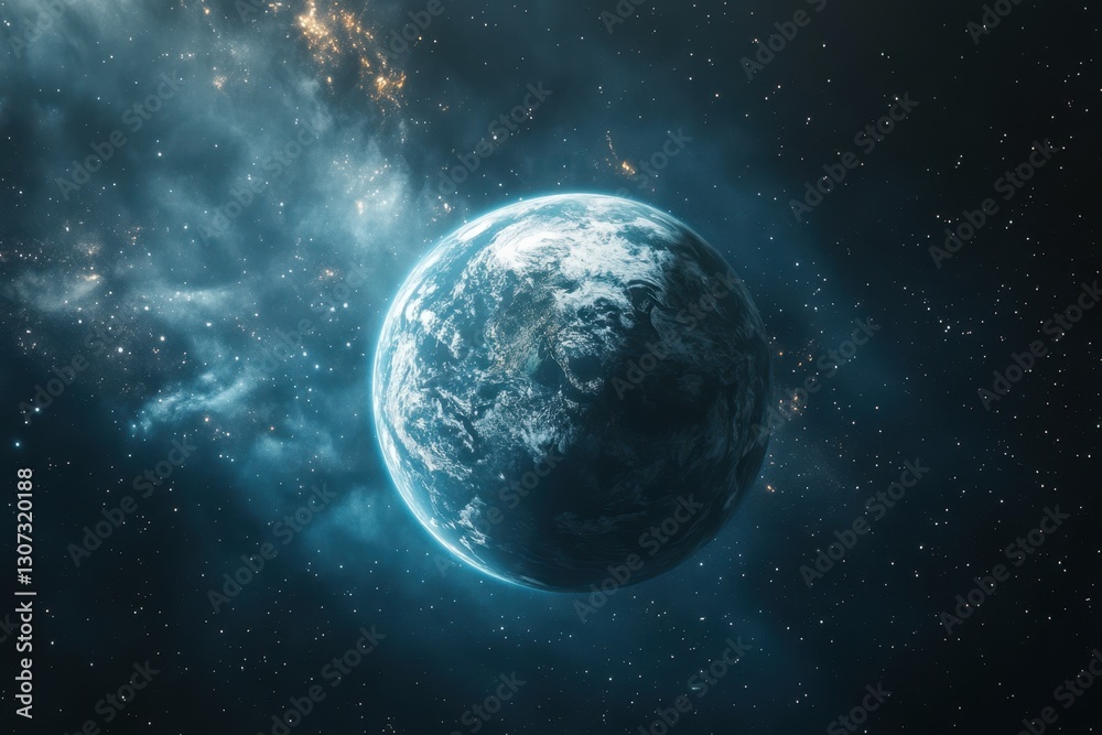 Obraz premium Celestial view of a distant planet with striking blue waters and swirling clouds