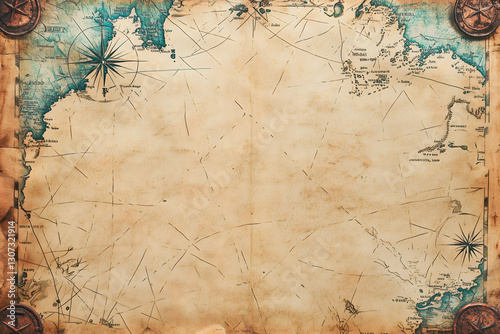An antique-style nautical map background with a weathered parchment texture, featuring compass roses and faded cartography
