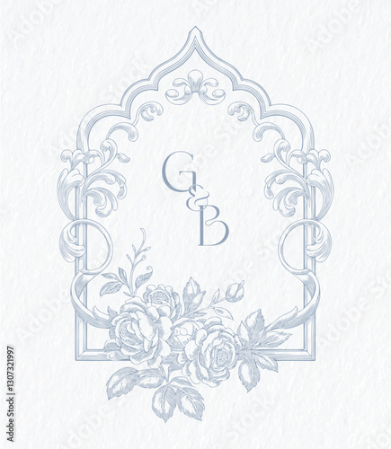 Wedding monogram with GB initials Design. Wedding crest with flowers line Art illustration. 
