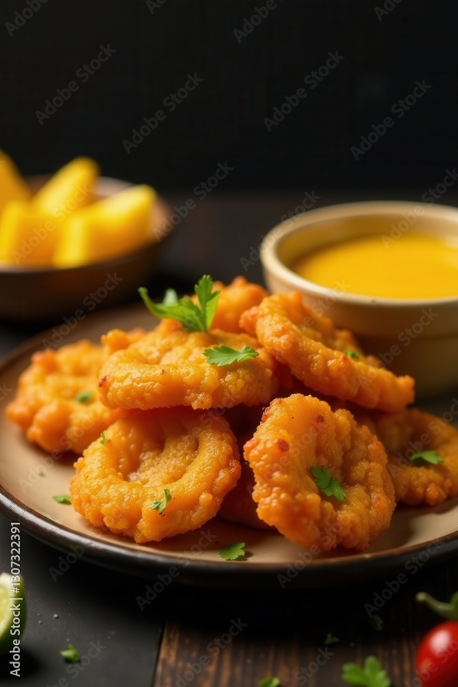 Crispy onion bhajis served with a side of tangy mango chutney , South Asian, recipe, delicious Crispy onion bhajis served with a side of tangy mango chutney , South Asian, recipe, delicious