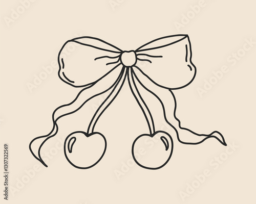 Line art cherry with bow ribbon isolated. Hand drawn cute cherries heart with bowknot coquette graphic. Vector outline illustration