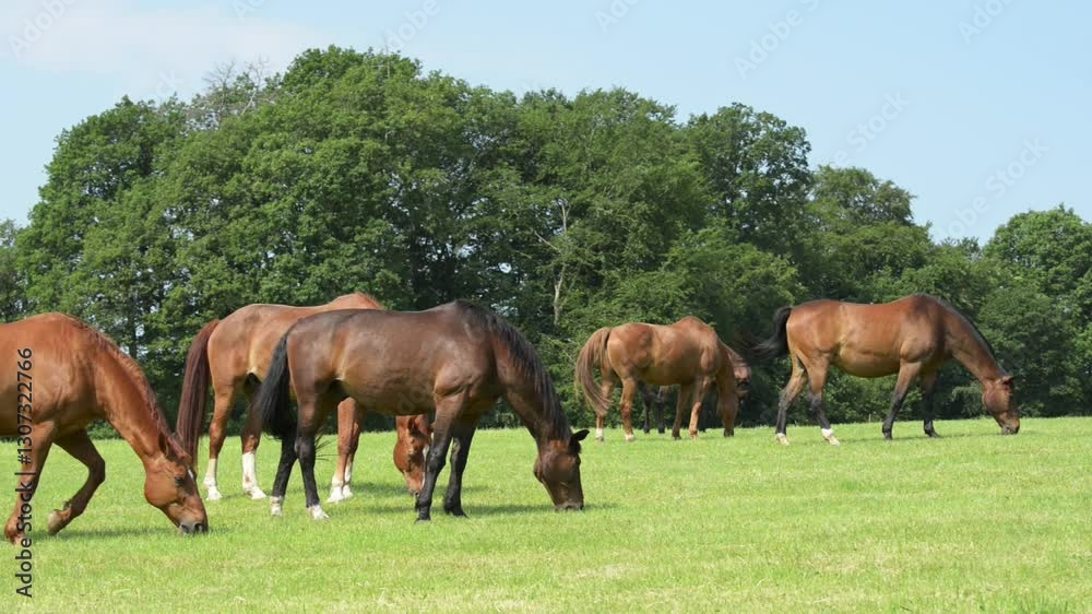 Herd or group of brown horses grazing in a meadow on a pasture eating grass in the rural countryside on a sunny day Herd or group of brown horses grazing in a meadow on a pasture eating grass in the rural countryside on a sunny day