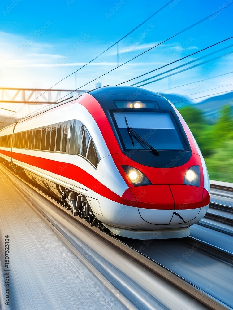 Fototapeta premium High-Speed Rail Journey - A sleek, red and white high-speed train speeds along modern railway tracks under a bright sunny sky, symbolizing speed, efficiency, technology, travel, and progress
