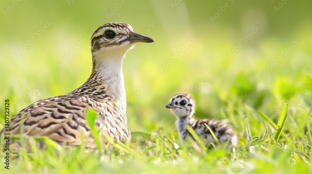 Mother bird and chick resting on green grass during daylight Mother bird and chick resting on green grass during daylight