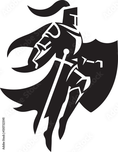 Black and white knight illustration with sword and shield design vector
