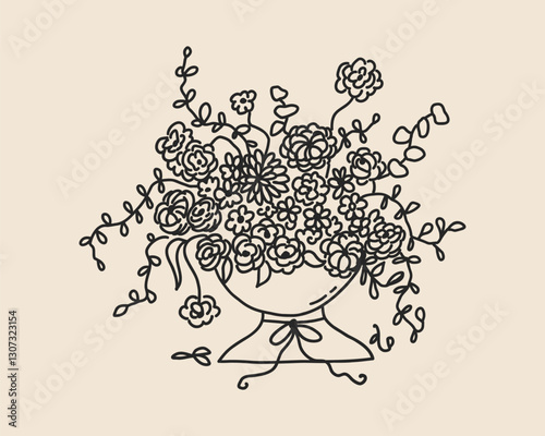 Line art wedding vase pot with flower bouquet isolated. Whimsical coquette ceramic floral pottery jar hand drawn simple sketch. Vector outline illustration