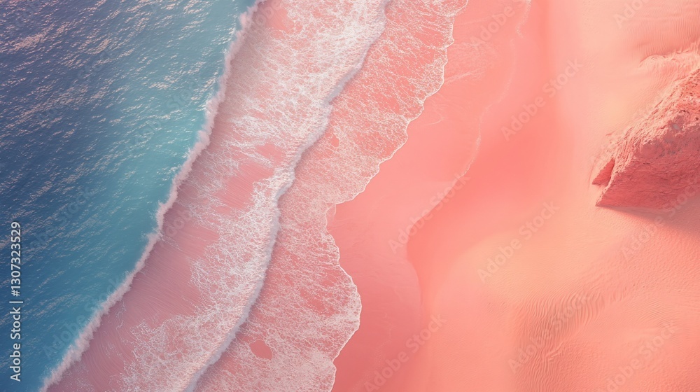 Fototapeta premium Aerial view of ocean waves gently lapping a pink sand beach.