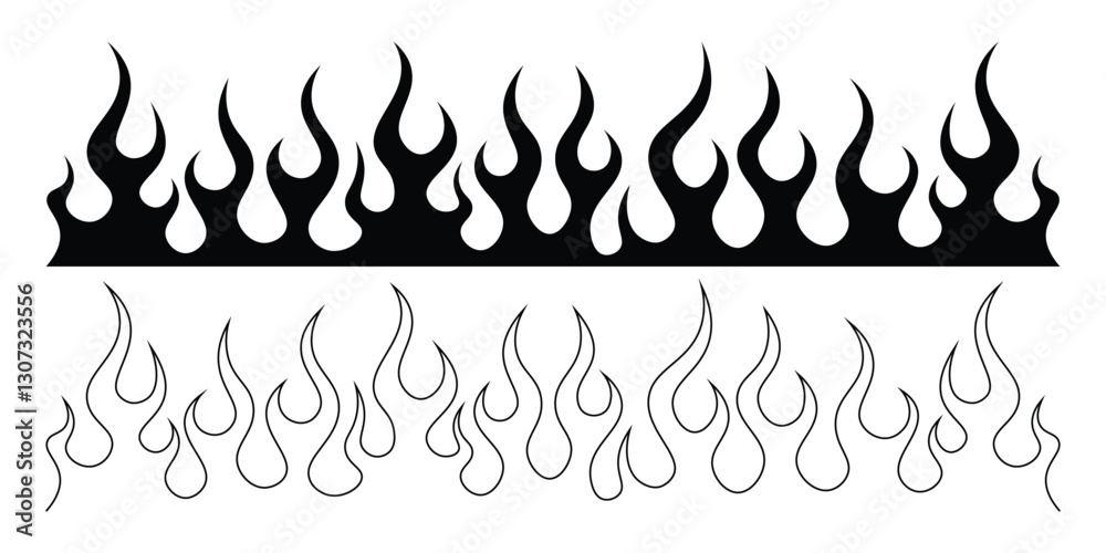 Silhouette Fire flames. Old school tattoo neo-tribal style or silhouette flame for cars. set vector icons. Fire sign. Fire flame icon isolated on white background. Vector illustration
