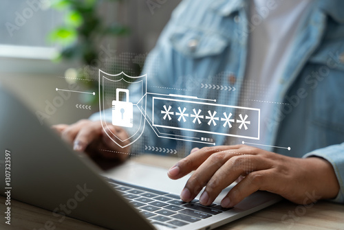 Cybersecurity protects login and secure internet access, Businessman secure data on laptop with encryption and network protection. Secure login and digital privacy, Business confidentiality.