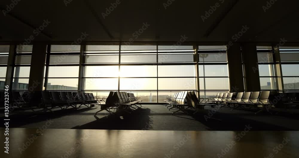 Evening sunlight streaming across empty airport terminal, casting long shadows over minimalist seating area and highlighting tranquility within spacious interior. Typical boarding gate lounge