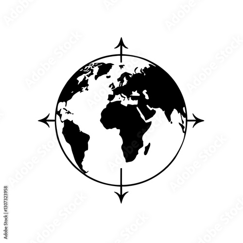 Minimalist black silhouette globe with latitude and longitude lines on white background