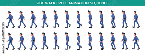 Police Officer Character walk cycle animation sequence. Front walk frame by frame animation sprite sheet.