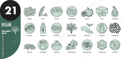 Vegan diet thin line icons set with green fill. Plant-based, fruits, vegetables, beans, tofu, salad, oat milk, lentils, avocado, no meat, no fish, no seafood, no diary, vector illustration