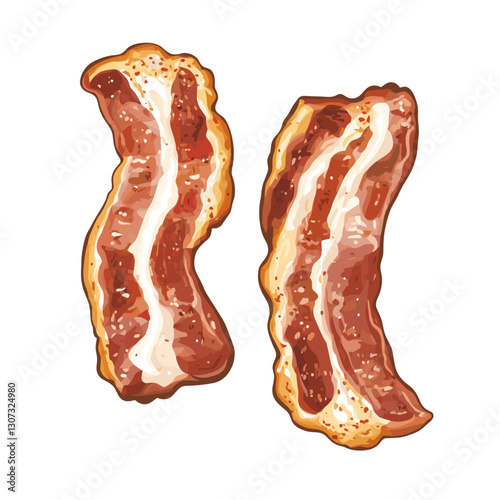 Vector image of crispy fried cooked bacon strips Food concept. Element for your design. Ingredient for cooking isolated on a white background