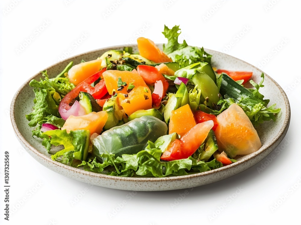 Fresh vegetable salad with rice paper rolls on a plate, isolated on white background. Fresh vegetable salad with rice paper rolls on a plate, isolated on white background.
