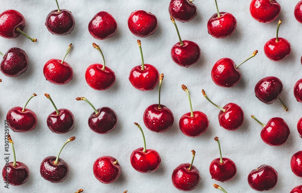 Flat lay of fresh, red cherries arranged in a repeating pattern on a light gray background. Flat lay of fresh, red cherries arranged in a repeating pattern on a light gray background.