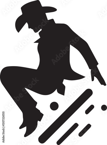 Silhouette of a cowboy jumping with style and artistic flair here now