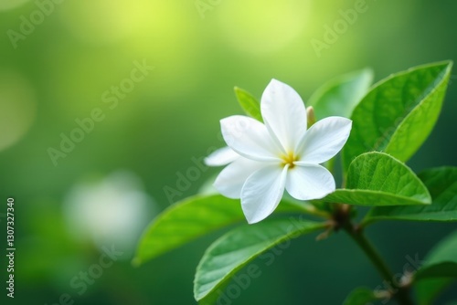 Pure white jasmine flowers with lush green leaves, pristine backdrop , elegant, flowering plant, fragrance