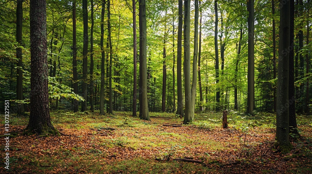 Obraz premium Dense green forest scene with tall trees and autumn foliage