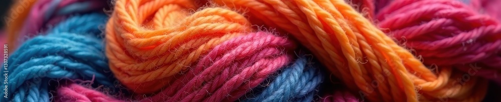 Close-up of colorful yarn, half-finished knitted item, wool, knitting needles Close-up of colorful yarn, half-finished knitted item, wool, knitting needles