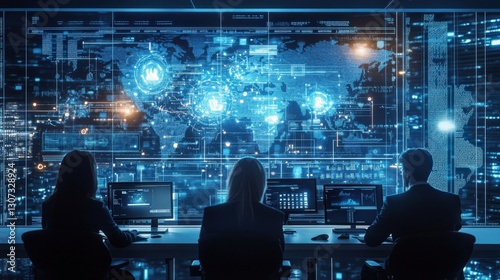 Digital world. Team working. People looking at screens. Blue glowing map and data. Futuristic office. Technology concept. Global business network. photo