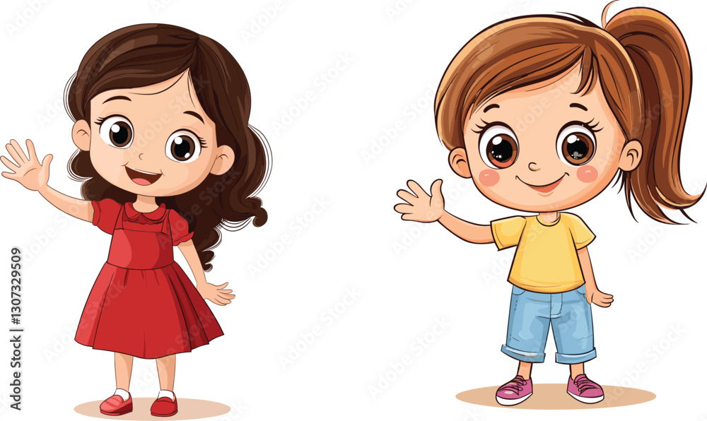 Cartoon Cute Little Girl Waving Hand on white background Cartoon Cute Little Girl Waving Hand on white background