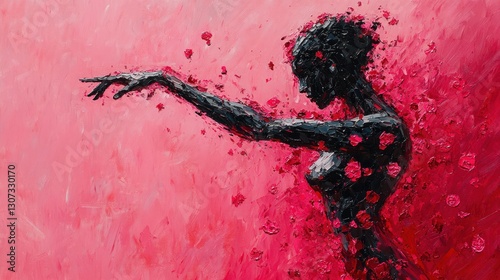 Abstract female figure reaching out, rose petals, pink background