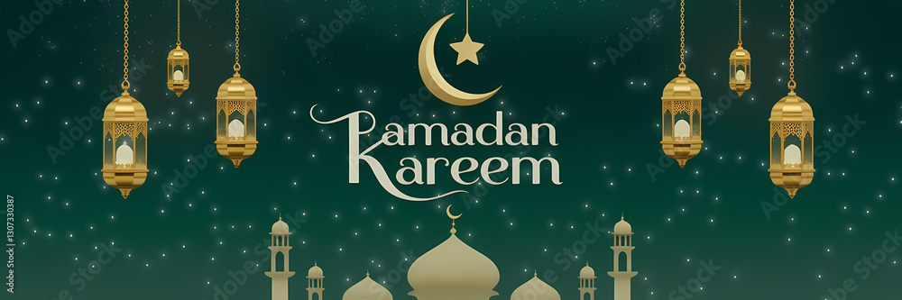 Fototapeta premium Minimalist Ramadan Kareem Greeting Card Design Featuring Hanging Golden Lanterns Crescent Moon and Mosque Silhouette on Deep Green Background with Arabic Calligraphy and Elegant Islamic Ornamentation